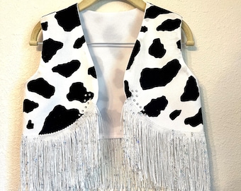 Girls western cowgirl cropped cowhide print vest with sequin fringe and rhinestone accents