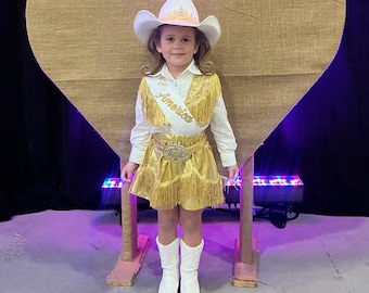 Gold Pageant Skirt and Vest Outfit With Gold Fringe
