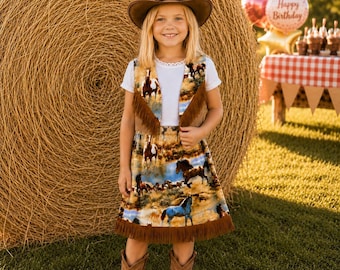Vintage girls cowgirl vest and skirt set, fringe cowgirl outfit, wild horses girls birthday costume, rodeo fashion outfit