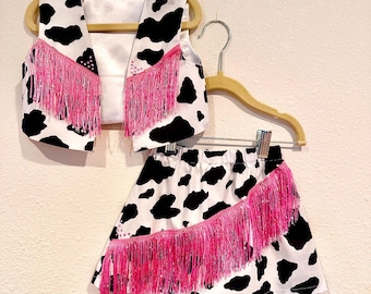 Girls Cow Print Western Skirt and Vest Set with Rhinestones