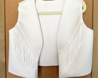 Girls ivory white western vest with white fringe made with matte satin fabric