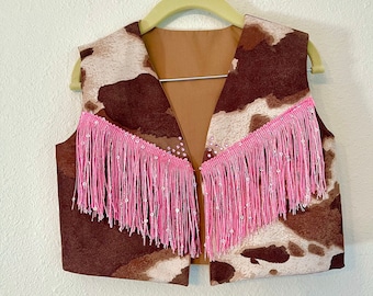 Cowgirl cowhide print vest with pink, red or turquoise sequin fringe