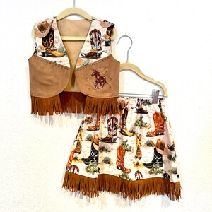 Vintage cowgirl pageant costume, horse appliqué on vest,  cowboy boot print fabric with rhinestones