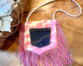 Girls Pink Cowhide Print Purse, Sequin Fringe, Rhinestone Denim Pocket