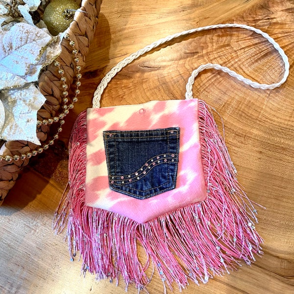 Girls pink cowhide purse, sequin fringe purse with rhinestones, denim pocket front, snap closure