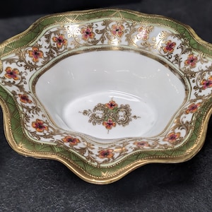 Nippon Moriage 9-piece antique RC Nippon Hand painted dish set  Heavy gold with green and peach