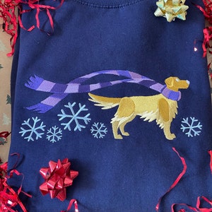Christmas Golden Retriever Winter Scene , Santa, Reindeer, Christmas Tree, Embroidered Christmas Jumper, Sweatshirt FREE Personalisation