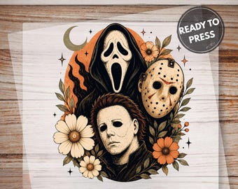 Retro Horror Movie  DTF Transfer, Slasher Halloween Floral Design (Ready to Press)