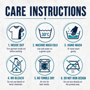 Pu&ograve; includere: Un'infografica con istruzioni per la cura del capo, composta da sei icone circolari con contorni blu scuro e verde acqua. Il testo include: 1. INSIDE OUT, 2. MACHINE WASH COLD 30&deg;C, 3. HAND WASH, 4. NO BLEACH, 5. NO TUMBLE DRY, 6. DO NOT IRON DESIGN.
