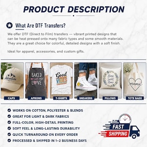 Pu&ograve; includere: Un grafico informativo intitolato PRODUCT DESCRIPTION che spiega i trasferimenti DTF. Mostra sei esempi di trasferimenti applicati su un berretto beige, un grembiule scuro, una t-shirt bianca, una sneaker bianca, un cuscino e una borsa tote.