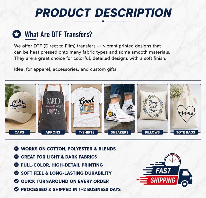 Pu&ograve; includere: Un grafico informativo intitolato PRODUCT DESCRIPTION che spiega i trasferimenti DTF. Mostra sei esempi di trasferimenti applicati su un berretto beige, un grembiule scuro, una t-shirt bianca, una sneaker bianca, un cuscino e una borsa tote.
