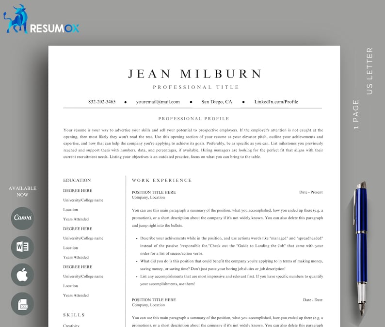Modern Resume Canva Resume Word - Il 794xN.5502103405 Epcx