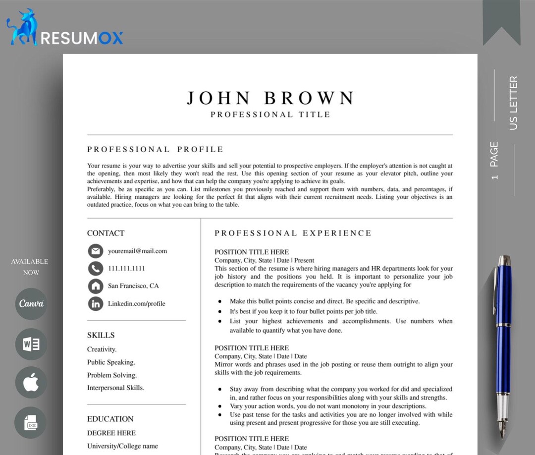 Professional Resume Template for Google Docs & Word | Executive Resume ...