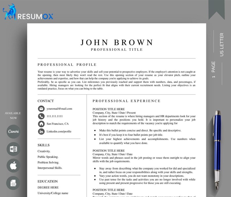 Professional Resume Template for Google Docs & Word | Executive Resume ...