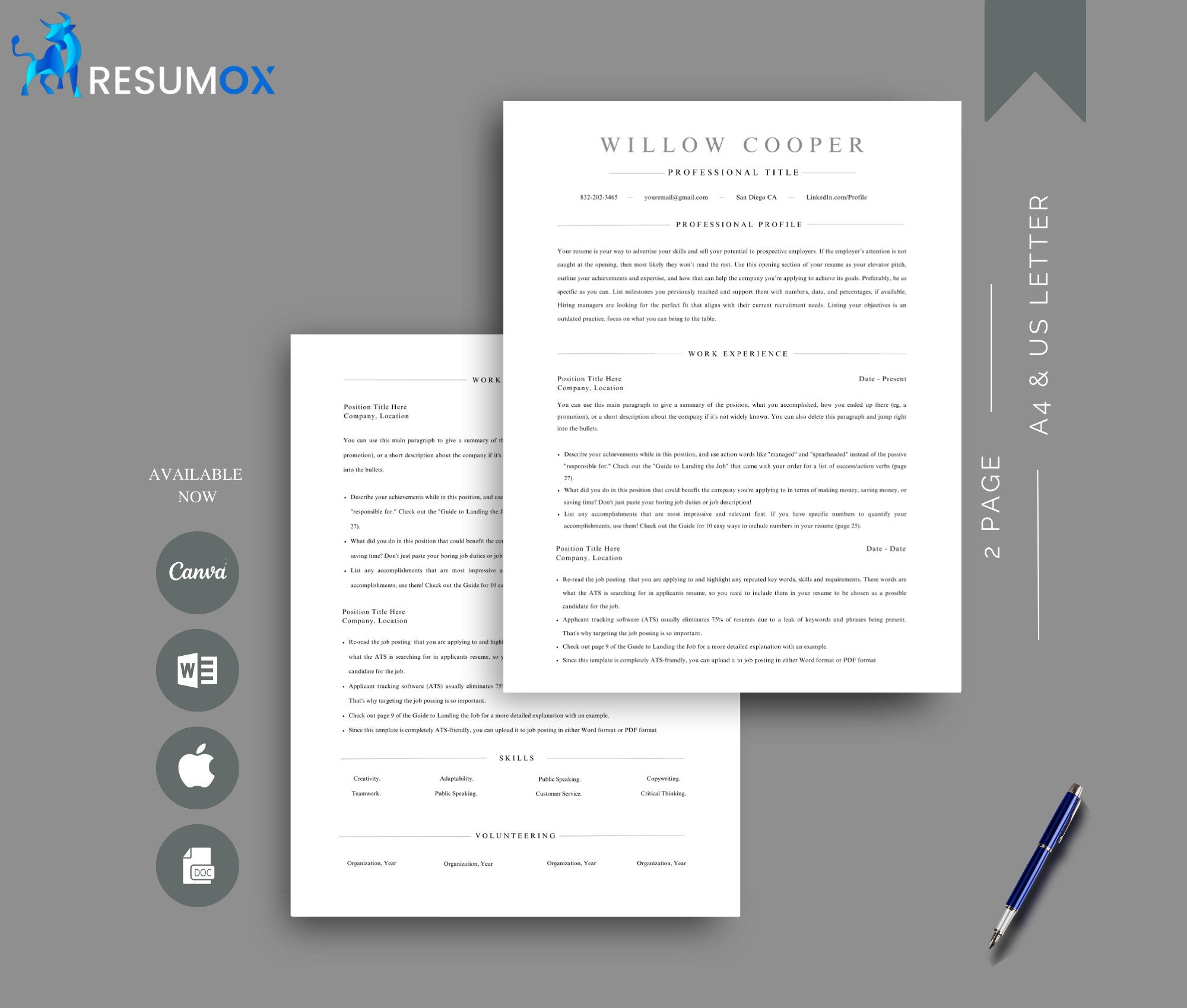 ATS Friendly Resume Template Digital Download in Google Docs ...