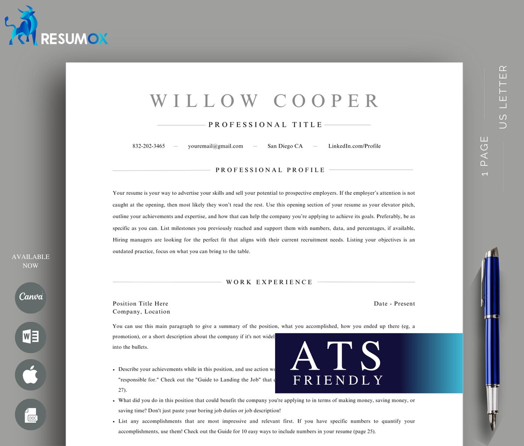 ATS Friendly Resume Template Digital Download in Google Docs ...
