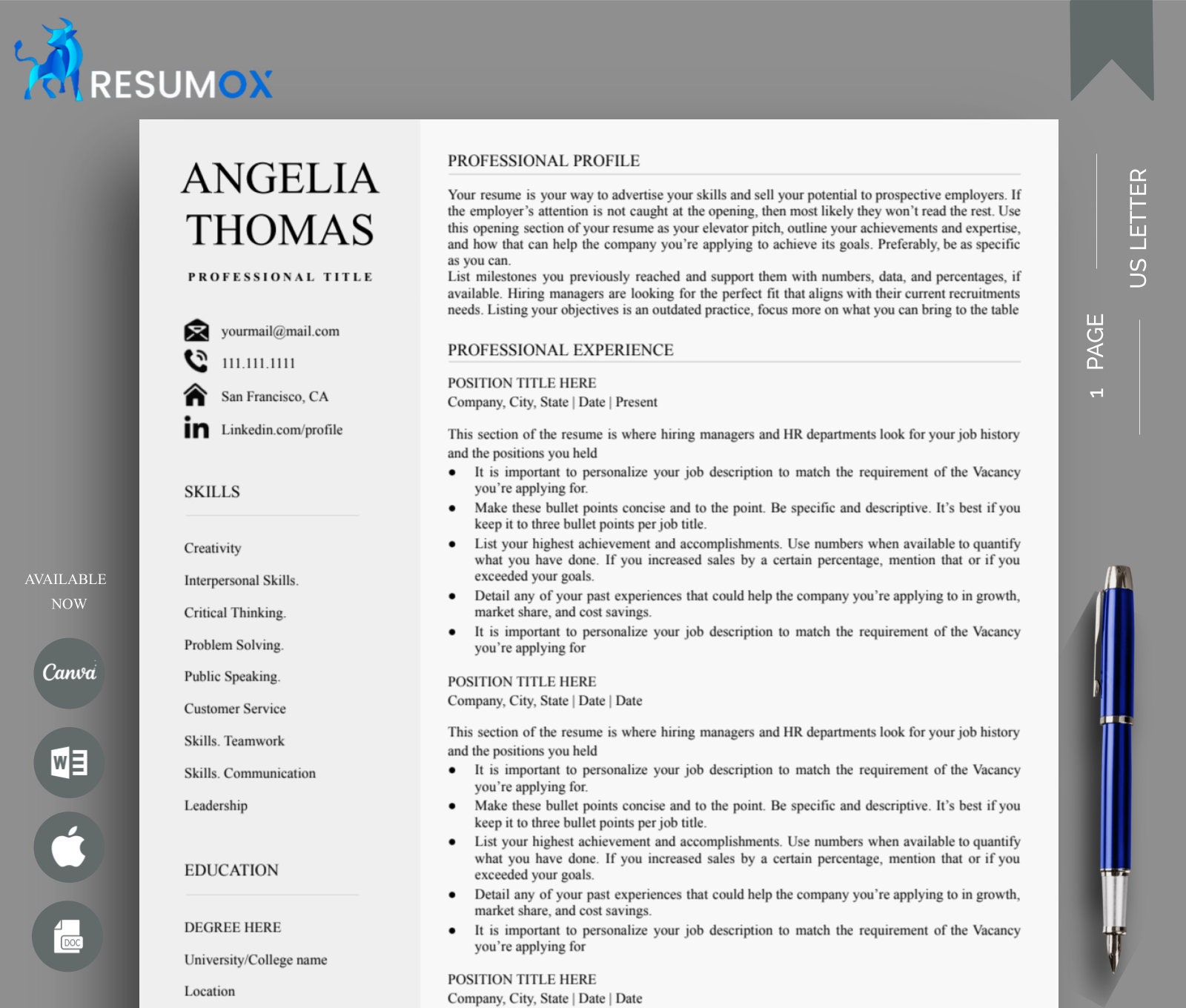 Minimalist Executive Resume Template for Word, Google Docs & Canva ...