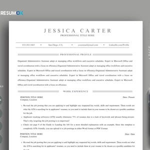 Può includere: Un modello di curriculum vitae professionale con il nome "Jessica Carter" in alto. Il curriculum include sezioni per il profilo professionale e l'esperienza lavorativa. Una penna blu è sul lato destro della pagina. Il documento è progettato per Canva.