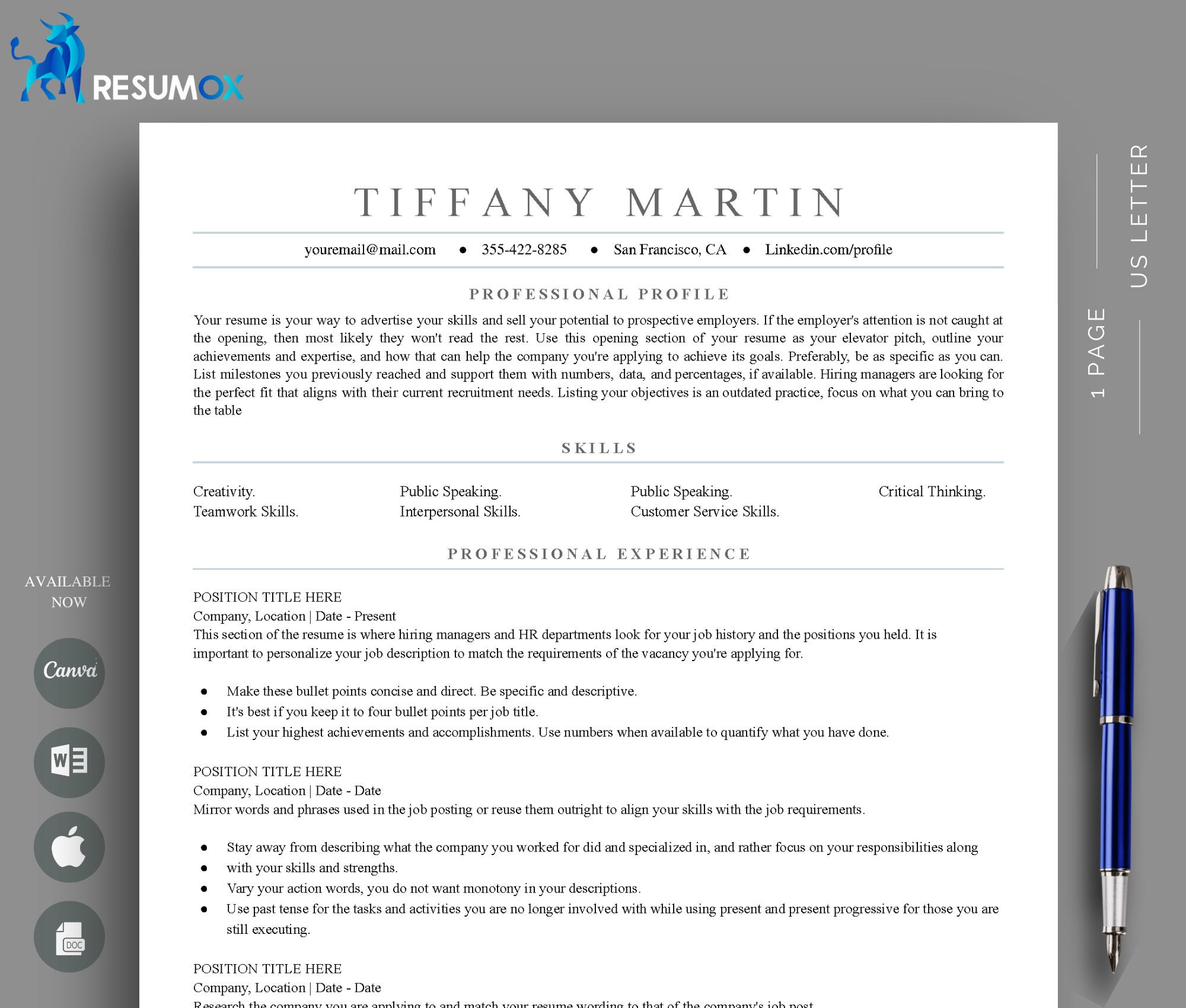 Minimalist ATS Resume Template for Word, Google Docs & Canva With Cover ...
