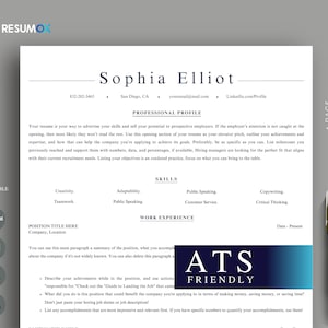 May include: A blue and white resume template with the text "ATS Friendly" in a blue and white box. The resume template is for a job applicant named Sophia Elliot.