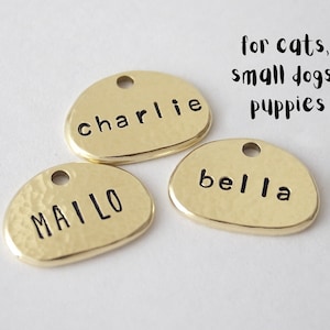 Small handmade hand stamped engraved dog tag for collar, cat tag, personalized dog tag, pebble shaped, hand hammered