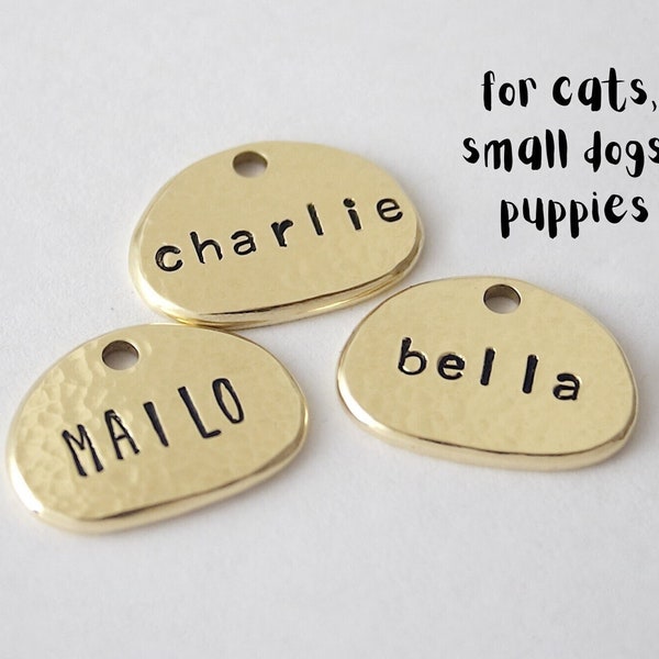 Small handmade hand stamped engraved dog tag for collar, cat tag, personalized dog tag, pebble shaped, hand hammered