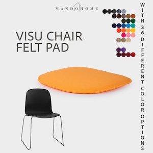 Puede incluir: Se muestra una almohadilla de fieltro para silla Visu naranja con una silla negra. La imagen incluye el texto "Visu Chair Felt Pad" y "Con 36 opciones de color diferentes". Se muestra una paleta de 36 colores.