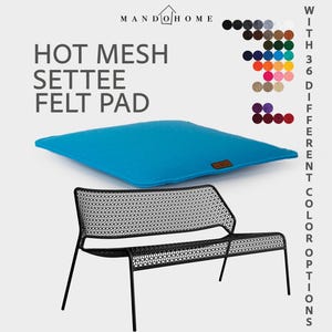 May include: A bright blue square felt pad with a small brown label, positioned above a black metal settee with a geometric mesh pattern. The text reads MANDO HOME, HOT MESH SETTEE FELT PAD, and WITH 36 DIFFERENT COLOR OPTIONS.