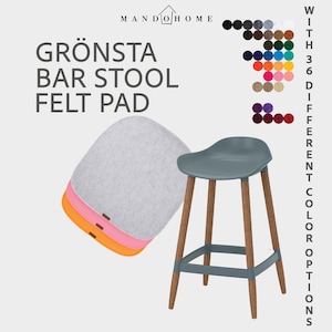 Könnte beinhalten: Ein Grönsta Barhocker-Filzpolster mit Mando Home Logo, bestehend aus drei kreisförmigen Filzauflagen in Grau, Pink und Orange. Ein grauer Barhocker mit Holzbeinen ist neben einer Farbpalette mit 36 verschiedenen Farboptionen abgebildet.