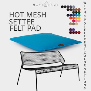 May include: A black metal settee with a geometric mesh pattern and a bright blue square felt pad. The text reads MANDO HOME HOT MESH SETTEE FELT PAD WITH 36 DIFFERENT COLOUR OPTIONS, accompanied by a colour palette of 36 circular swatches.