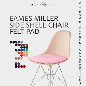 May include: A beige Eames Miller side shell chair with a pink felt pad. The text reads MANDO HOME, EAMES MILLER SIDE SHELL CHAIR FELT PAD, and WITH 36 DIFFERENT COLOR OPTIONS. A grid of 36 small colored circles displays the available felt pad colors.
