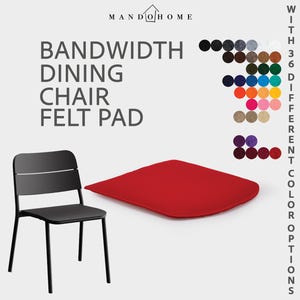 Puede incluir: Una silla de comedor negra con una almohadilla de fieltro roja. La imagen también muestra una carta de colores con 36 opciones de color diferentes. El texto de la imagen dice "BANDWIDTH DINING CHAIR FELT PAD".