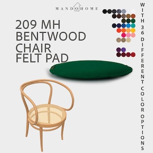 May include: A 209 MH bentwood chair with a woven cane seat and a separate round dark green felt pad. The image includes the text Mando Home, 209 MH bentwood chair felt pad, and a color palette showing 36 different color options.