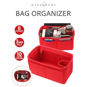 Peut inclure: Organisateurs de sac en feutre rouge avec plusieurs poches. L'image montre deux organisateurs, dont un rempli d'articles. Le texte sur l'image indique "BAG ORGANIZER", "8 POCKET", "3mm FELT" et "10 COLOR OPTIONS".