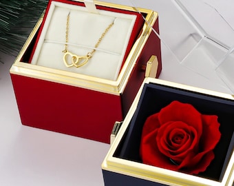 Eternal Rose rotating Jewellery gift box with personalised names heart necklace