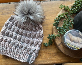 The Abalone Beanie, Handmade pure merino wool knit beanie, toque. Woman’s knit winter hat w/ removable faux fur pom.