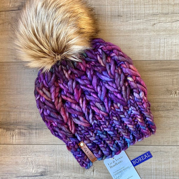 The Rye beanie, Woman’s handmade pure merino wool winter beanie/hat/toque w/ removable large faux fur pom