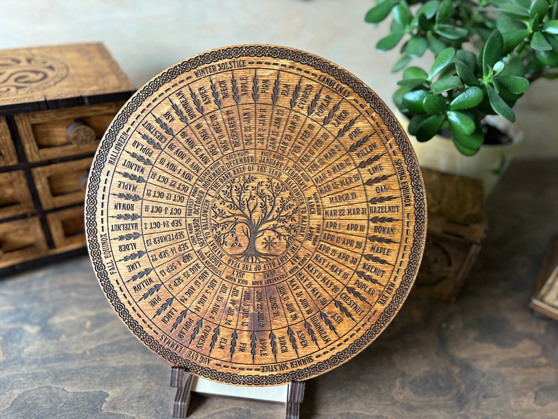 Circular Spring Solstice Design Celtic Tree Calendar, Wheel of the Year Wood Sign, Tree of Life, Pagan ...