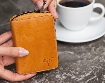 Portfel skórzany z zamkiem błyskawicznym i ochroną RFID dla mężczyzn, personalizowany portfel skórzany dla kobiet | Portfel na prezent rocznicowy dla niego i dla niej