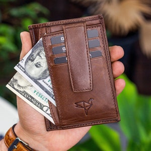 Cartera de cuero marrón para hombres, portapastero delgado con cierre a presión y comparación de monedasT para él, regalo personalizado del Día de San Valentín para él