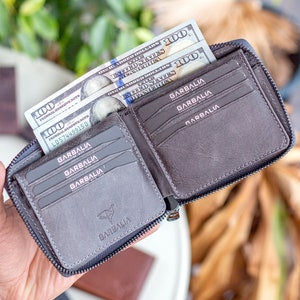 Cartera cerrada con cremallera de cuero gris personalizada con bolsillo para monedas / billetera de cuero para hombres / billetera de monedas de cuero loco