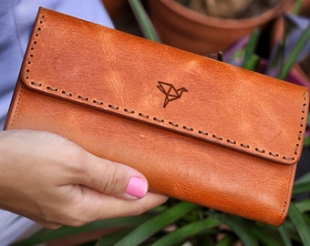 Portefeuille pour femme en cuir véritable avec compartiment pour téléphone et poche pour monnaie à fermeture éclair, cadeau portefeuille en cuir fait main pour elle