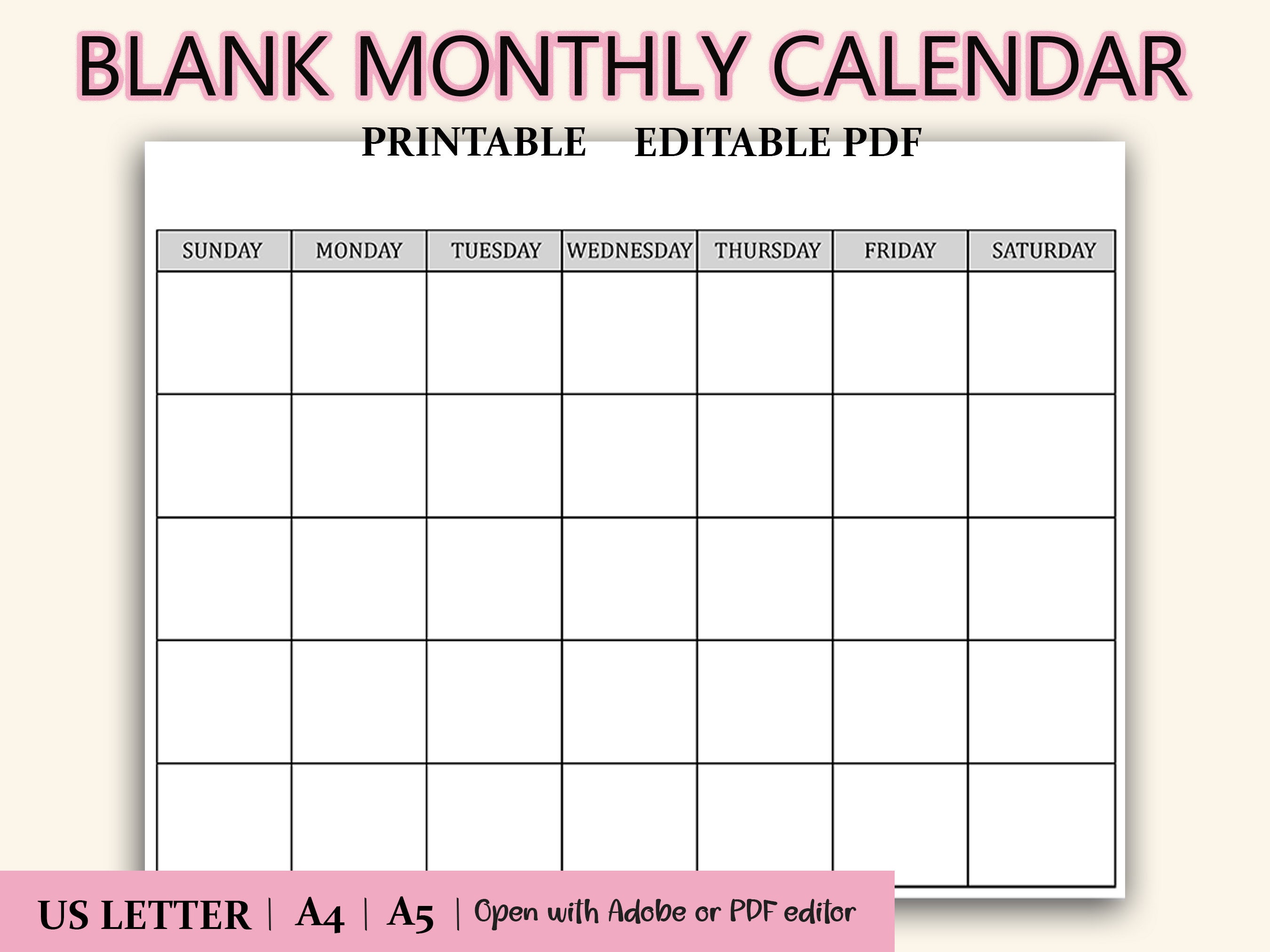blank monthly calendar printable calendar template etsy
