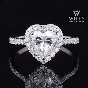 Art Deco Halo 3 Claw Prong Set Ring, Cathedral Set Designer Ring, Fiery 0.80 / 1 / 1.80 Carat Heart Cut Moissanite Engagement Ring For Women
