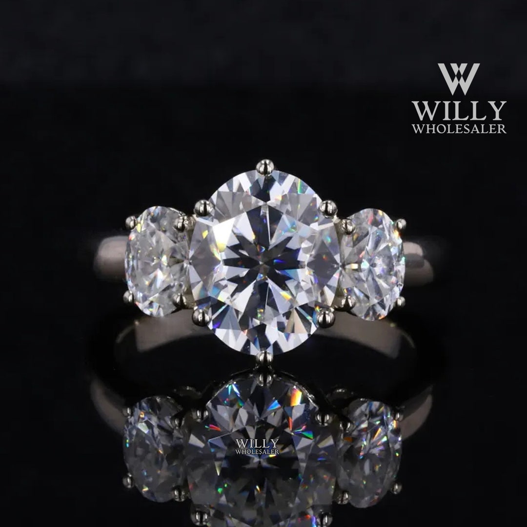 Three Stone Ring, 6 Prong Set Engagement Ring, Colorless 4.50 TCW Oval ...
