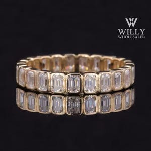 Emerald Cut Moissanite Eternity Band: Bezel Set Sterling Silver Ring