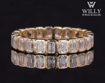 Stunning 3x2 MM Emerald Cut Moissanite Engagement Band, Bezel Set Full Eternity Matching Wedding Band, Stacking Band, Surprise Birthday Gift