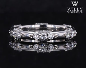 Art Deco Moissanite Wedding Band: Dainty Sterling Silver Stackable Ring
