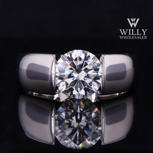 Unisex Ring, Tension Set Vintage Style Solitaire Men&#39;s Wedding Ring, 2 / 2.70 / 3.50 Carat Round Cut Moissanite Engagement Ring For Her/Him