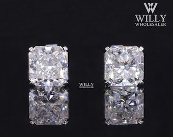 Colorless Moissanite Stud Earrings, 4 Prong Screw Back Earrings, 1.3/ 2.3/ 3.6 TCW Ice Crushed Square Radiant Cut Simple Earrings For Mother